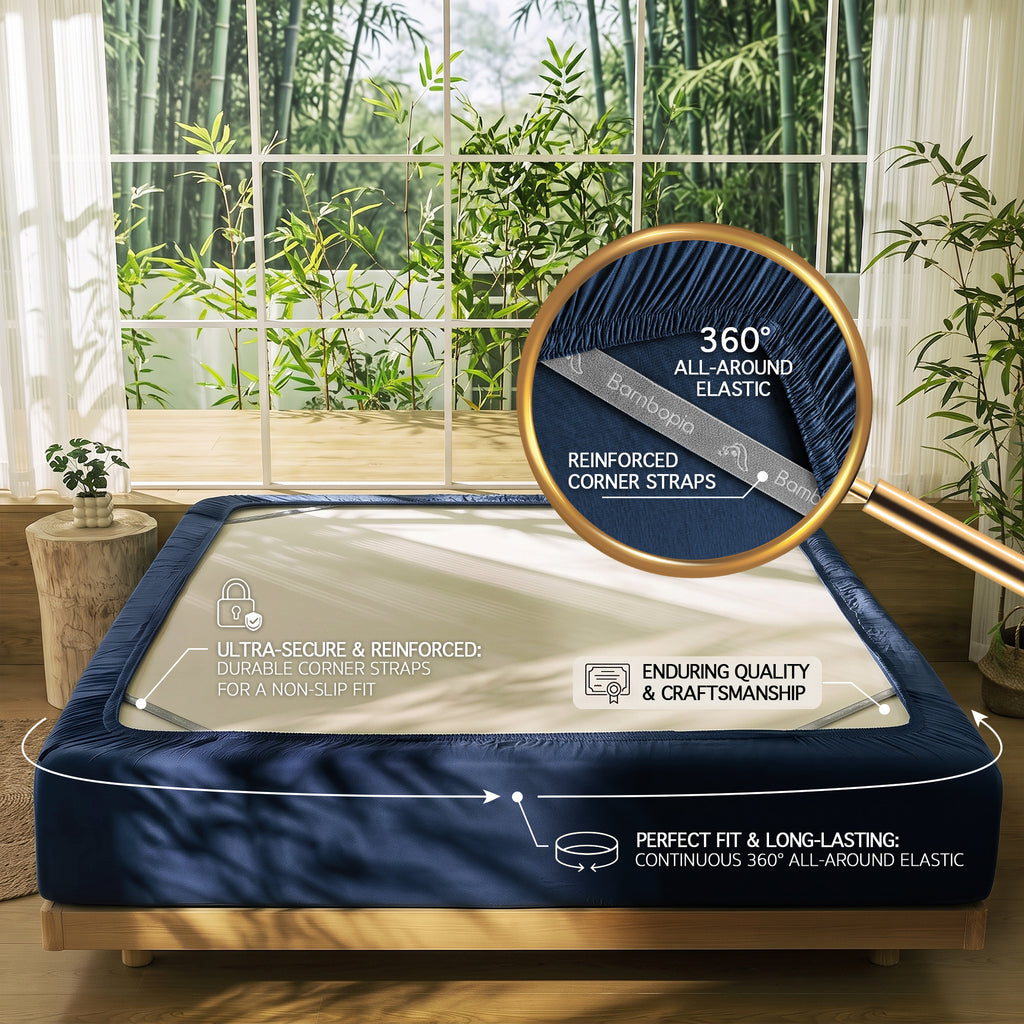 Bambopia 400TC 100% Viscose Derived from Bamboo Fitted Sheet Only - 18" Deep Pocket Bottom Sheet, Breathable & Cooling Fitted Sheet for Hot Sleepers with 4 Corner Straps, Navy Blue