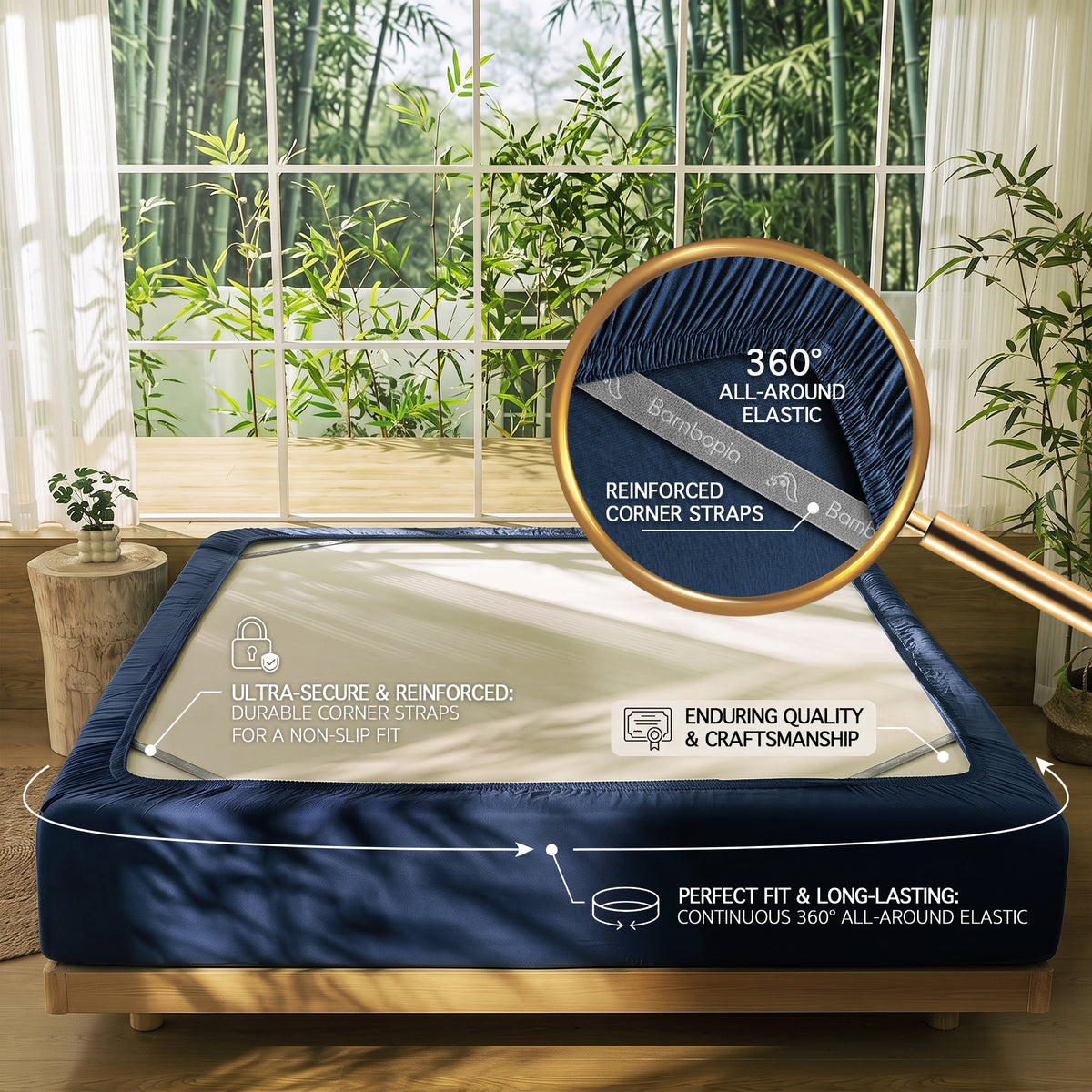Bambopia 400TC 100% Viscose Derived from Bamboo Fitted Sheet Only - 18" Deep Pocket Bottom Sheet, Breathable & Cooling Fitted Sheet for Hot Sleepers with 4 Corner Straps, Navy Blue