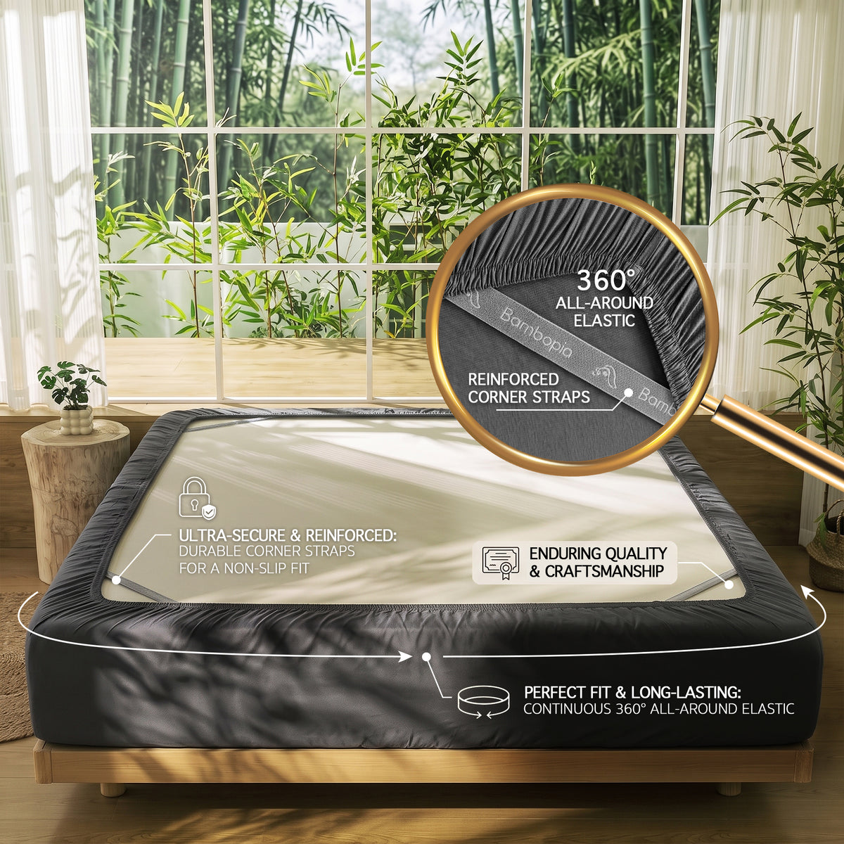 Bambopia 400TC 100% Viscose Derived from Bamboo Fitted Sheet Only - 18" Deep Pocket Bottom Sheet, Breathable & Cooling Fitted Sheet for Hot Sleepers with 4 Corner Straps, Dark Gray