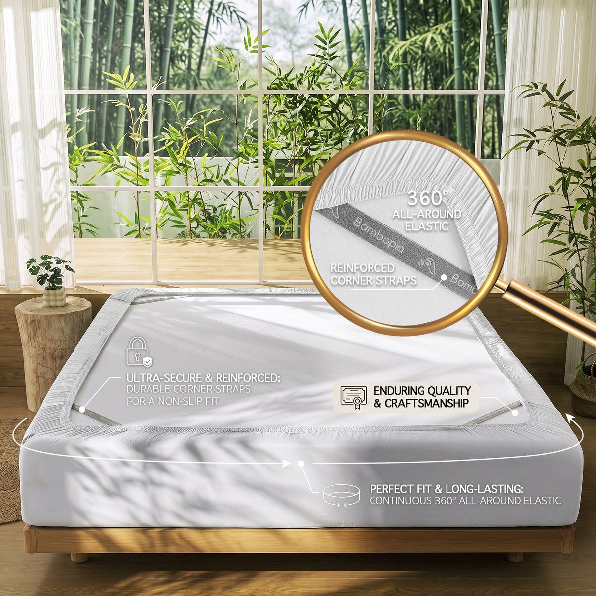Bambopia 400TC 100% Viscose Derived from Bamboo Fitted Sheet Only - 18" Deep Pocket Bottom Sheet, Breathable & Cooling Fitted Sheet for Hot Sleepers with 4 Corner Straps, White