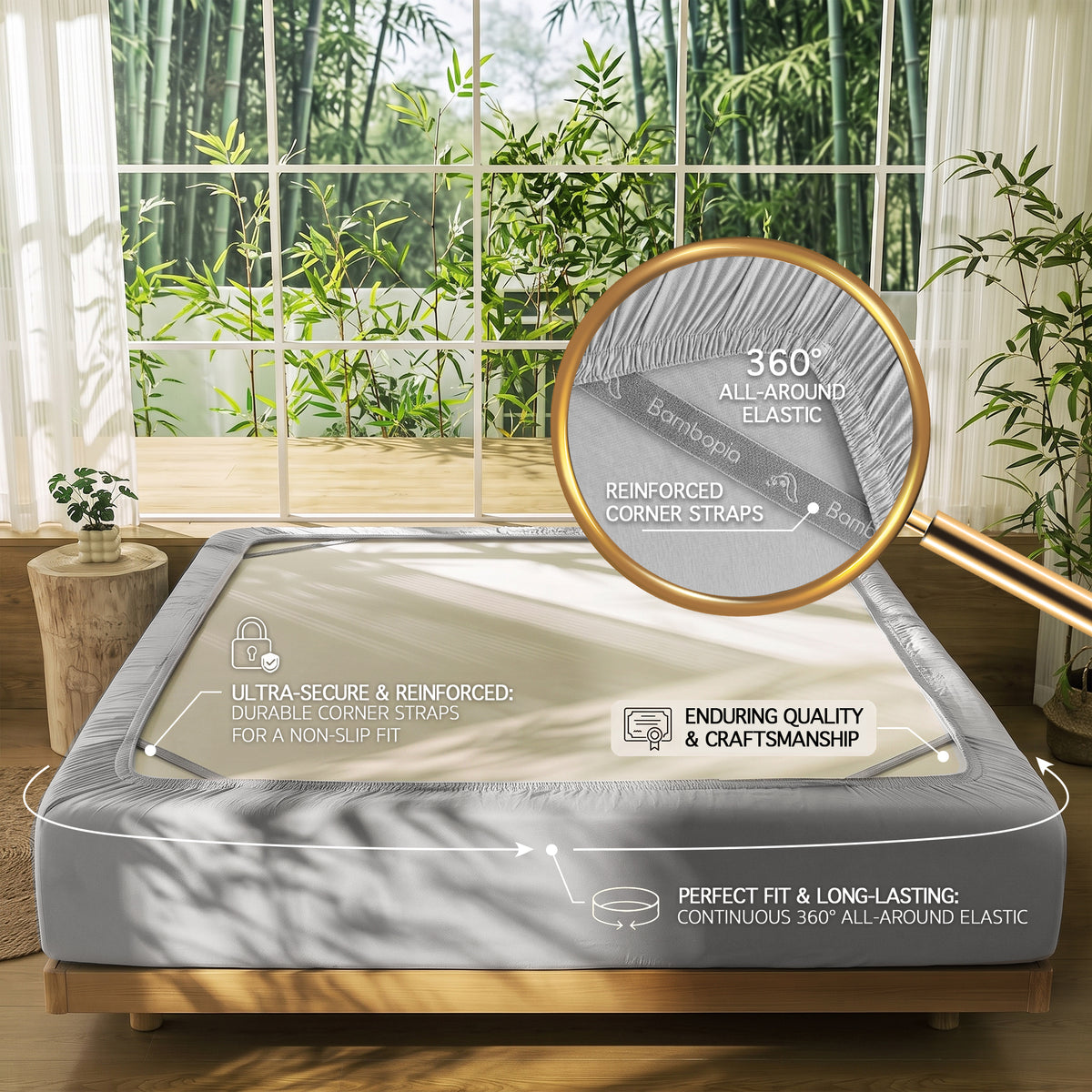 Bambopia 400TC 100% Viscose Derived from Bamboo Fitted Sheet Only - 18" Deep Pocket Bottom Sheet, Breathable & Cooling Fitted Sheet for Hot Sleepers with 4 Corner Straps, Light Gray