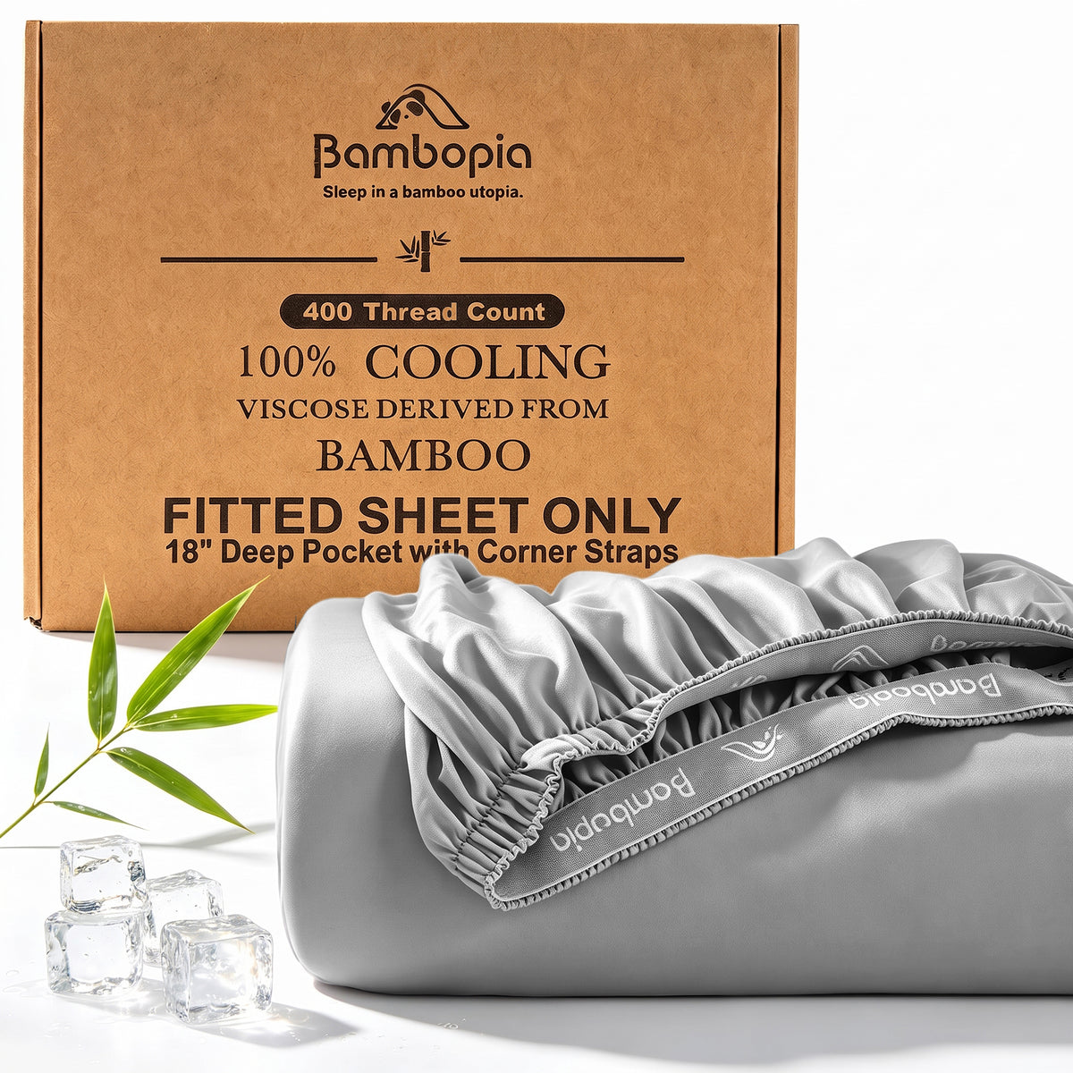 Bambopia 400TC 100% Viscose Derived from Bamboo Fitted Sheet Only - 18" Deep Pocket Bottom Sheet, Breathable & Cooling Fitted Sheet for Hot Sleepers with 4 Corner Straps, Light Gray