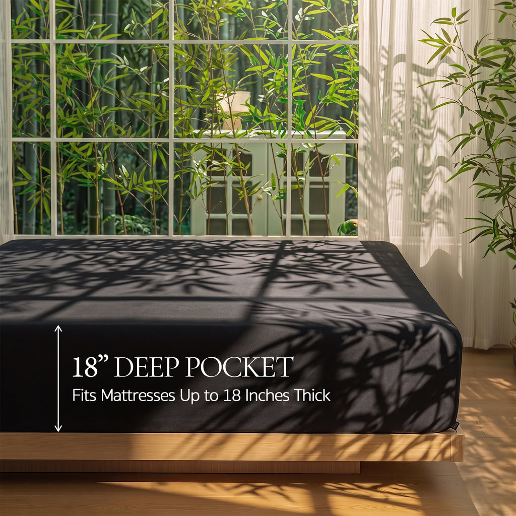 Bambopia 400TC 100% Viscose Derived from Bamboo Fitted Sheet Only - 18" Deep Pocket Bottom Sheet, Breathable & Cooling Fitted Sheet for Hot Sleepers with 4 Corner Straps, Black