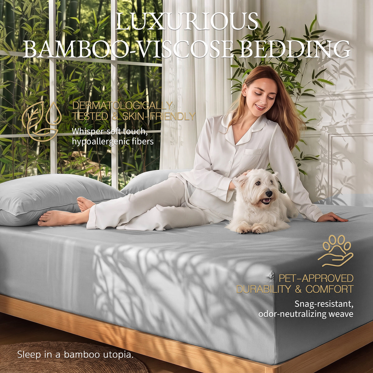 Bambopia 400TC 100% Viscose Derived from Bamboo Fitted Sheet Only - 18" Deep Pocket Bottom Sheet, Breathable & Cooling Fitted Sheet for Hot Sleepers with 4 Corner Straps, Light Gray