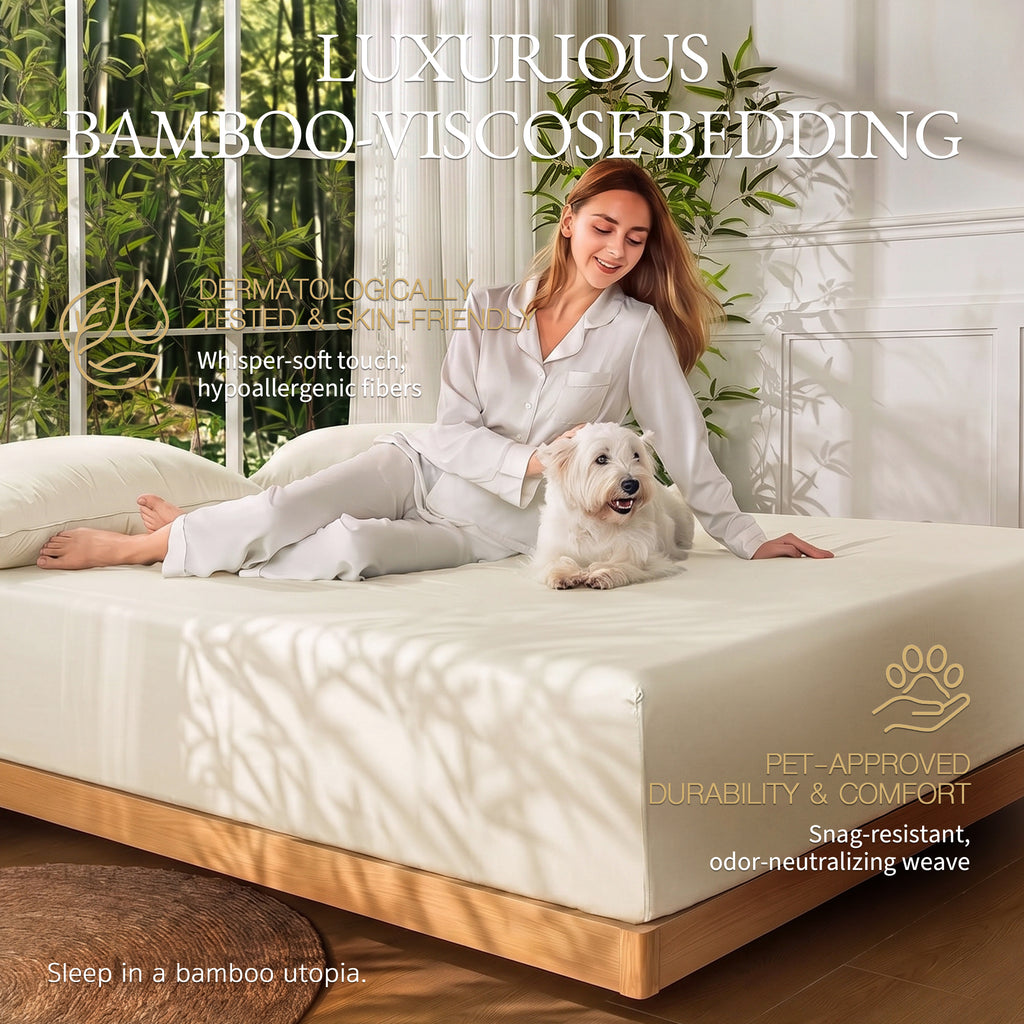 Bambopia 400TC 100% Viscose Derived from Bamboo Fitted Sheet Only - 18" Deep Pocket Bottom Sheet, Breathable & Cooling Fitted Sheet for Hot Sleepers with 4 Corner Straps, Cream White