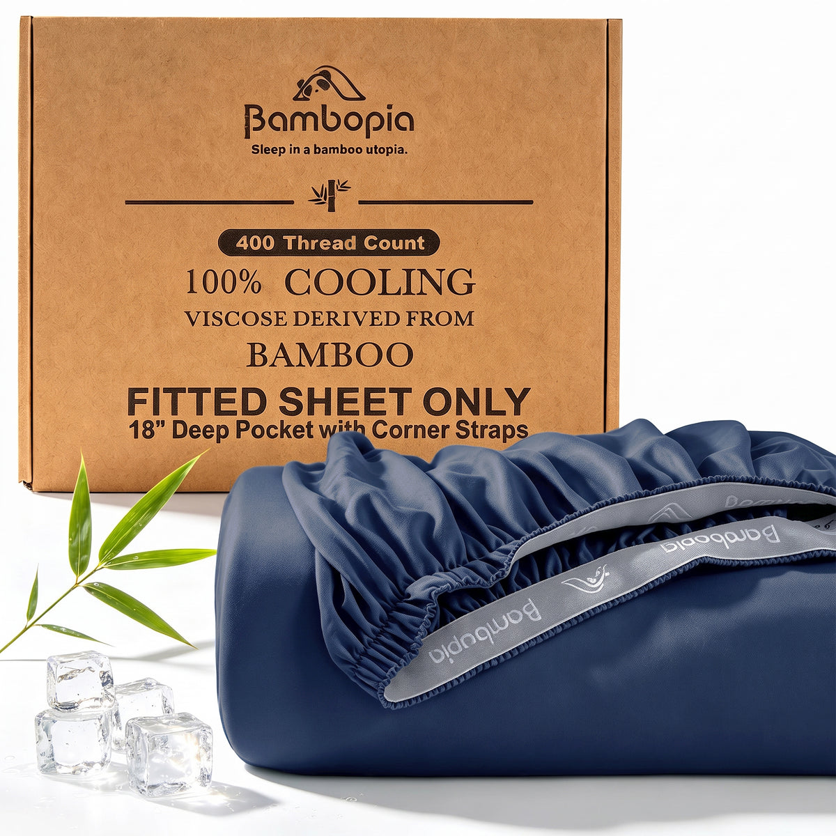 Bambopia 400TC 100% Viscose Derived from Bamboo Fitted Sheet Only - 18" Deep Pocket Bottom Sheet, Breathable & Cooling Fitted Sheet for Hot Sleepers with 4 Corner Straps, Navy Blue