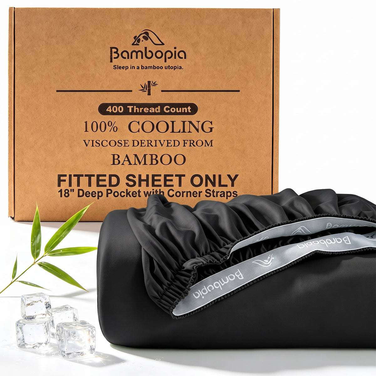 Bambopia 400TC 100% Viscose Derived from Bamboo Fitted Sheet Only - 18" Deep Pocket Bottom Sheet, Breathable & Cooling Fitted Sheet for Hot Sleepers with 4 Corner Straps, Black