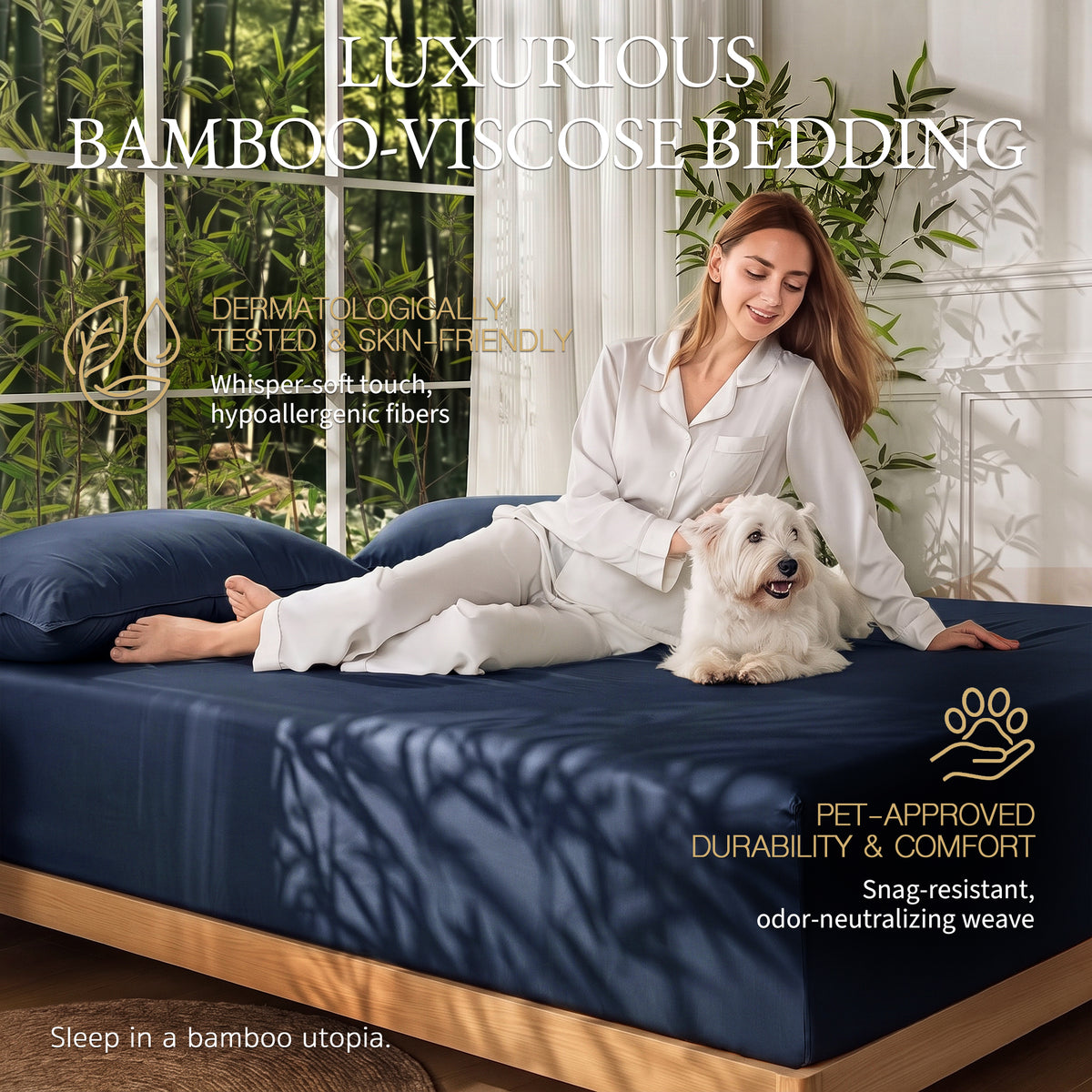 Bambopia 400TC 100% Viscose Derived from Bamboo Fitted Sheet Only - 18" Deep Pocket Bottom Sheet, Breathable & Cooling Fitted Sheet for Hot Sleepers with 4 Corner Straps, Navy Blue