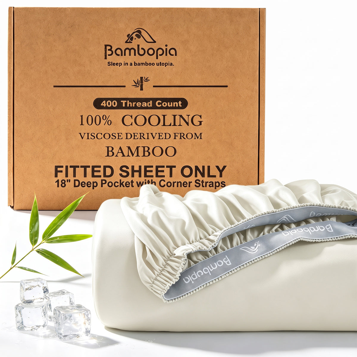Bambopia 400TC 100% Viscose Derived from Bamboo Fitted Sheet Only - 18" Deep Pocket Bottom Sheet, Breathable & Cooling Fitted Sheet for Hot Sleepers with 4 Corner Straps, Cream White