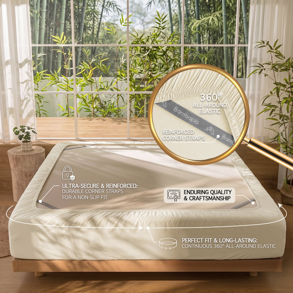 Bambopia 400TC 100% Viscose Derived from Bamboo Fitted Sheet Only - 18" Deep Pocket Bottom Sheet, Breathable & Cooling Fitted Sheet for Hot Sleepers with 4 Corner Straps, Cream White