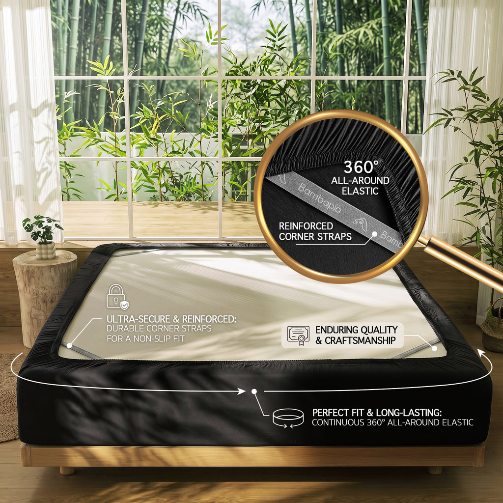 Bambopia 400TC 100% Viscose Derived from Bamboo Fitted Sheet Only - 18" Deep Pocket Bottom Sheet, Breathable & Cooling Fitted Sheet for Hot Sleepers with 4 Corner Straps, Black