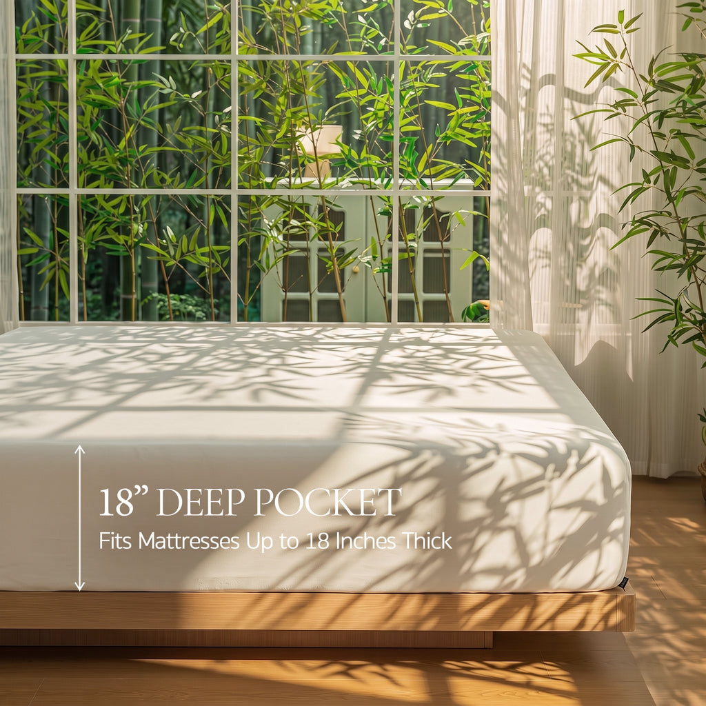 Bambopia 400TC 100% Viscose Derived from Bamboo Fitted Sheet Only - 18" Deep Pocket Bottom Sheet, Breathable & Cooling Fitted Sheet for Hot Sleepers with 4 Corner Straps, Cream White
