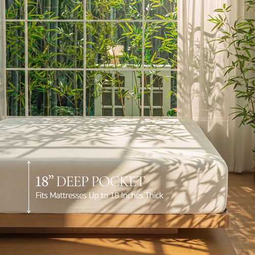 Bambopia 400TC 100% Viscose Derived from Bamboo Fitted Sheet Only - 18" Deep Pocket Bottom Sheet, Breathable & Cooling Fitted Sheet for Hot Sleepers with 4 Corner Straps, Cream White