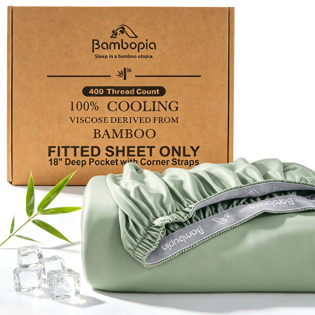Bambopia 400TC 100% Viscose Derived from Bamboo Fitted Sheet Only - 18" Deep Pocket Bottom Sheet, Breathable & Cooling Fitted Sheet for Hot Sleepers with 4 Corner Straps, Sage Green