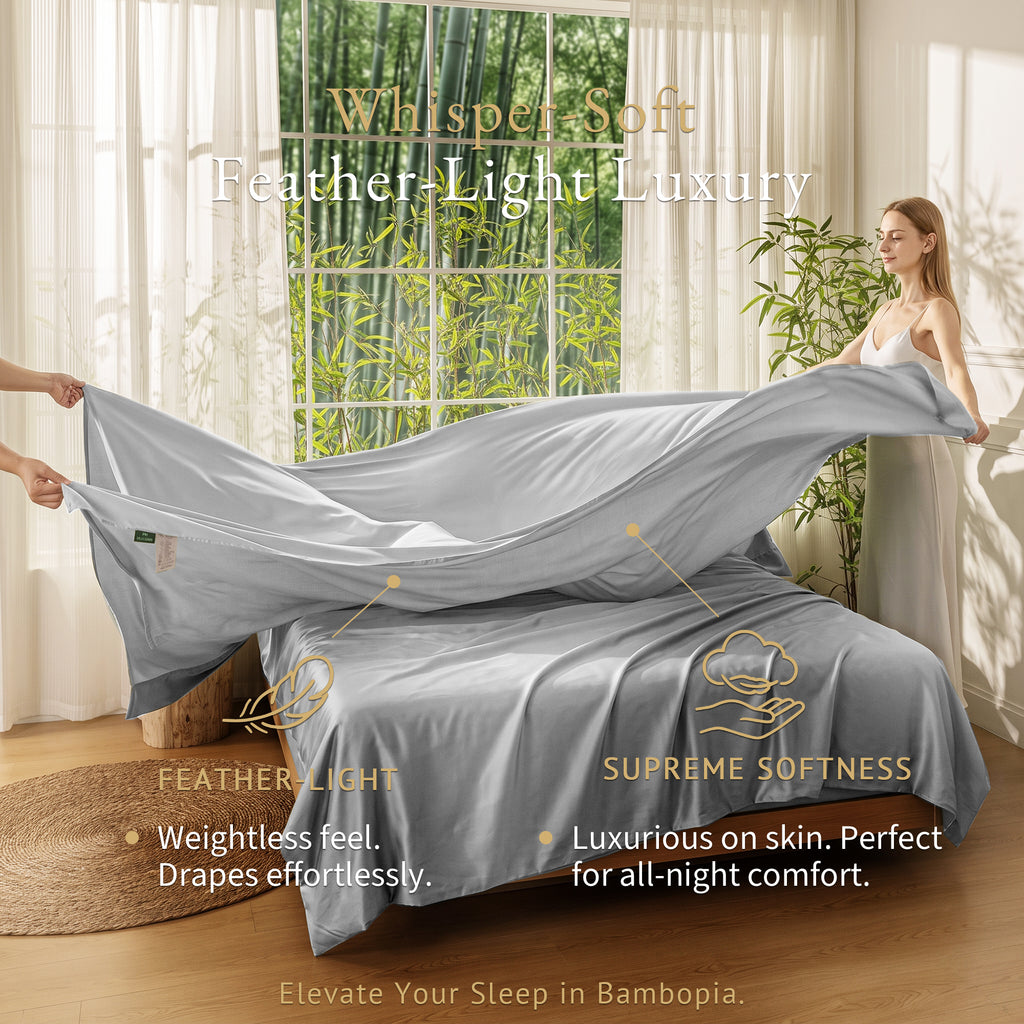 Bambopia 400TC 100% Viscose Derived from Bamboo Flat Sheet Only - Organic Breathable & Cooling Bed Sheet for Hot Sleepers, Luxury Silky King Top Flat Sheet Only, Light Gray