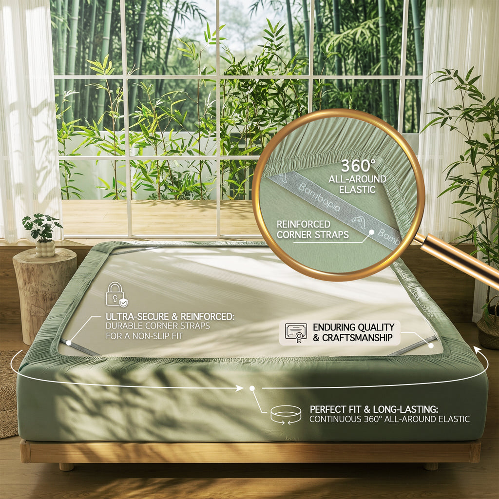 Bambopia 400TC 100% Viscose Derived from Bamboo Fitted Sheet Only - 18" Deep Pocket Bottom Sheet, Breathable & Cooling Fitted Sheet for Hot Sleepers with 4 Corner Straps, Sage Green