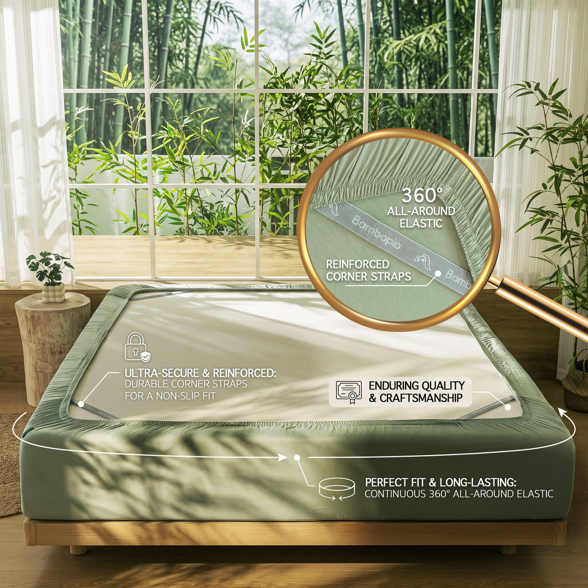 Bambopia 400TC 100% Viscose Derived from Bamboo Fitted Sheet Only - 18" Deep Pocket Bottom Sheet, Breathable & Cooling Fitted Sheet for Hot Sleepers with 4 Corner Straps, Sage Green