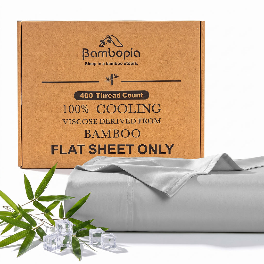 Bambopia 400TC 100% Viscose Derived from Bamboo Flat Sheet Only - Organic Breathable & Cooling Bed Sheet for Hot Sleepers, Luxury Silky King Top Flat Sheet Only, Light Gray