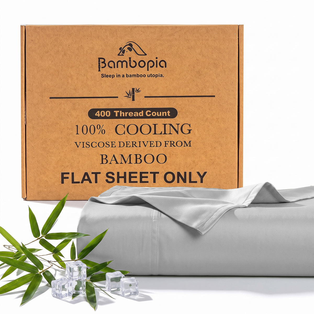 Bambopia 400TC 100% Viscose Derived from Bamboo Flat Sheet Only - Organic Breathable & Cooling Bed Sheet for Hot Sleepers, Luxury Silky King Top Flat Sheet Only, Light Gray