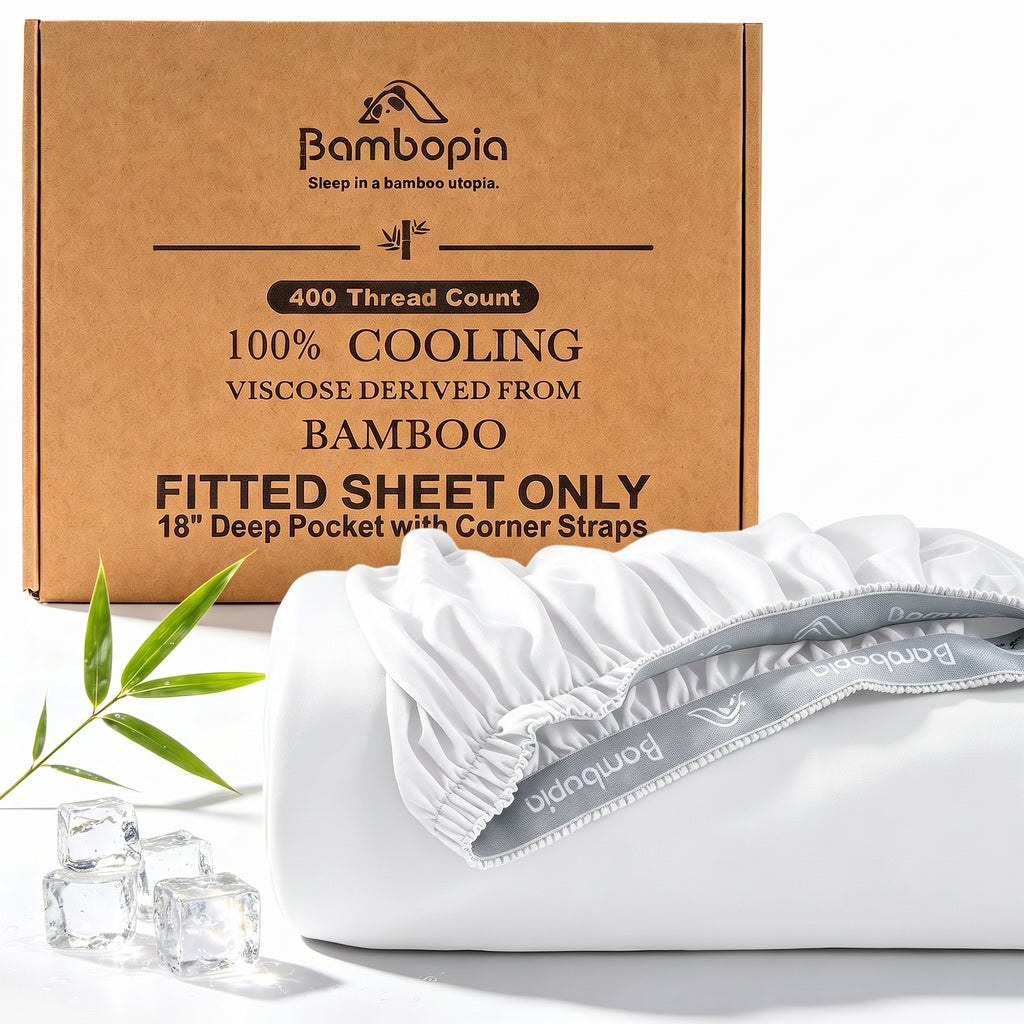 Bambopia 400TC 100% Viscose Derived from Bamboo Fitted Sheet Only - 18" Deep Pocket Bottom Sheet, Breathable & Cooling Fitted Sheet for Hot Sleepers with 4 Corner Straps, White