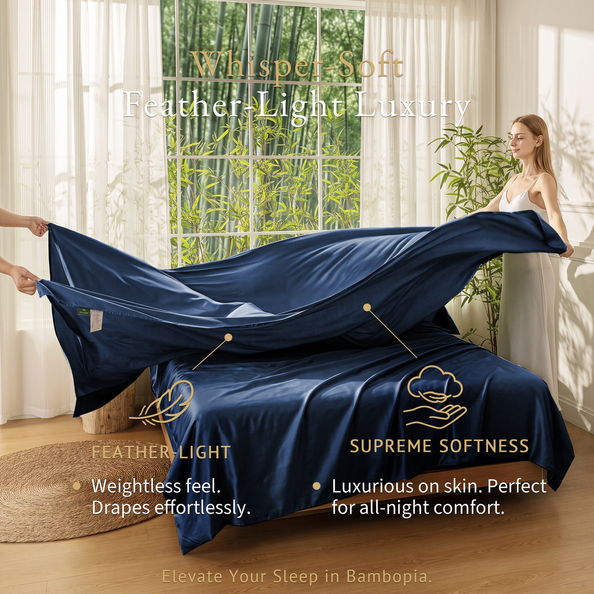 Bambopia 400TC 100% Viscose Derived from Bamboo Flat Sheet Only - Organic Breathable & Cooling Bed Sheet for Hot Sleepers, Luxury Silky King Top Flat Sheet Only, Navy Blue