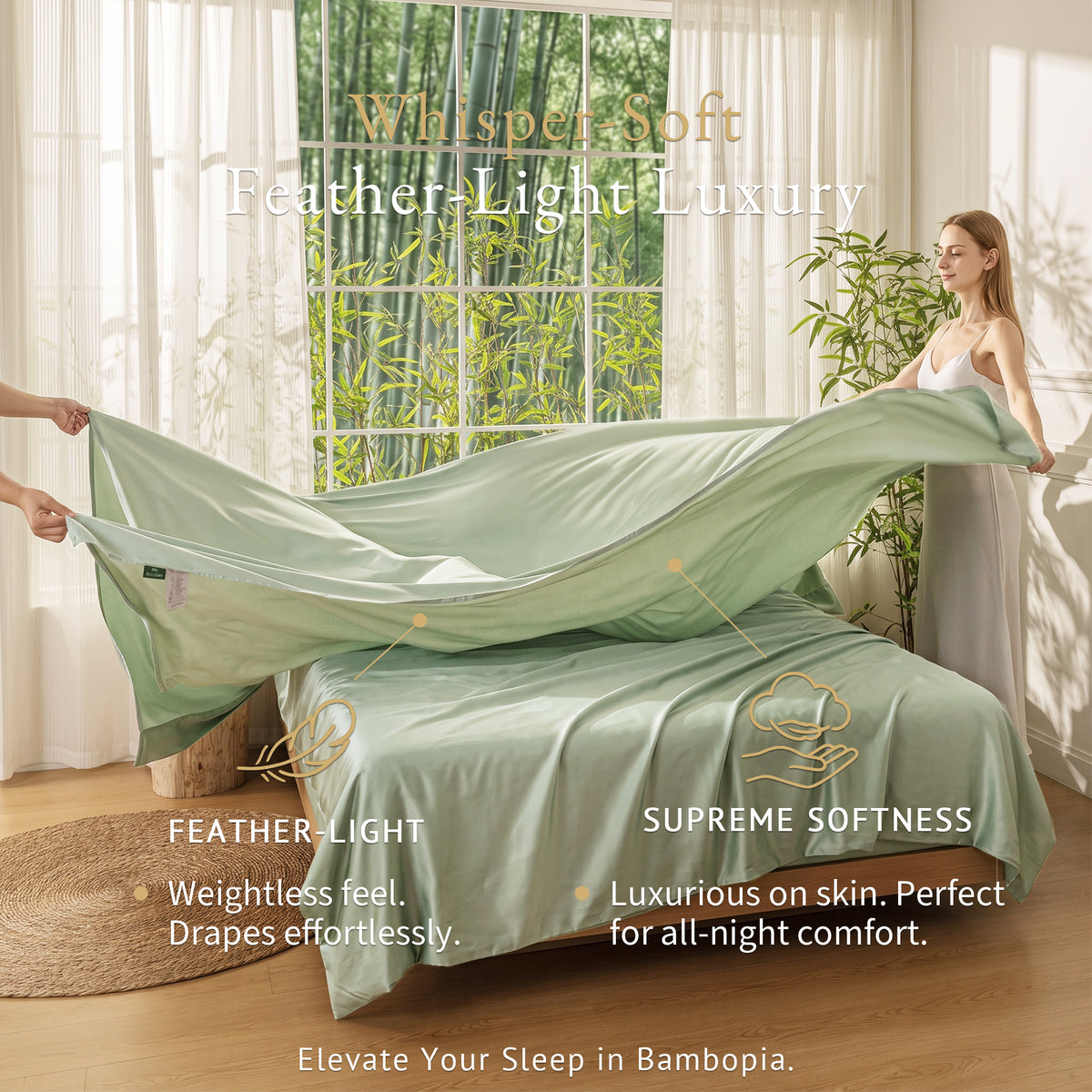 Bambopia 400TC 100% Viscose Derived from Bamboo Flat Sheet Only - Organic Breathable & Cooling Bed Sheet for Hot Sleepers, Luxury Silky King Top Flat Sheet Only, Sage Green