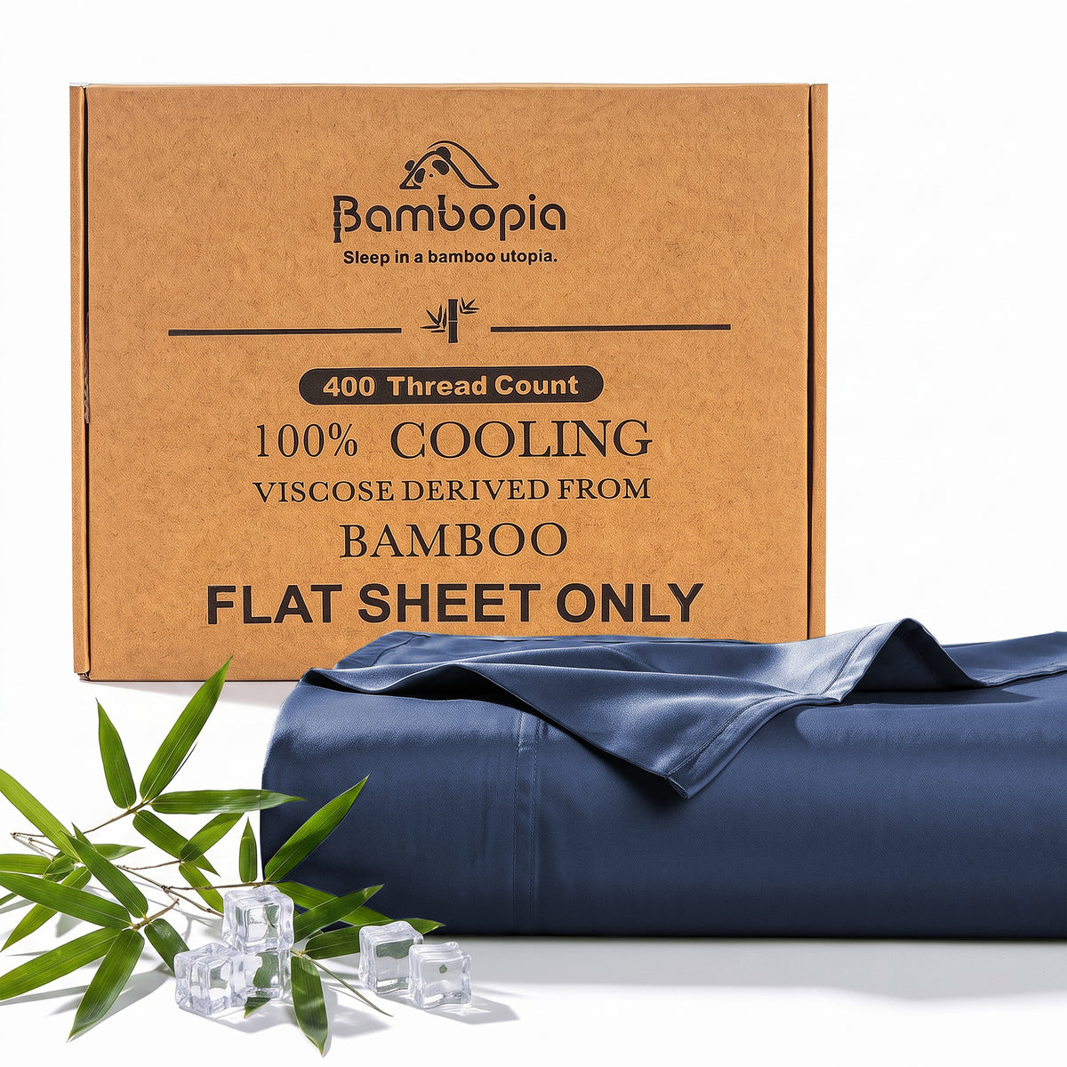 Bambopia 400TC 100% Viscose Derived from Bamboo Flat Sheet Only - Organic Breathable & Cooling Bed Sheet for Hot Sleepers, Luxury Silky King Top Flat Sheet Only, Navy Blue