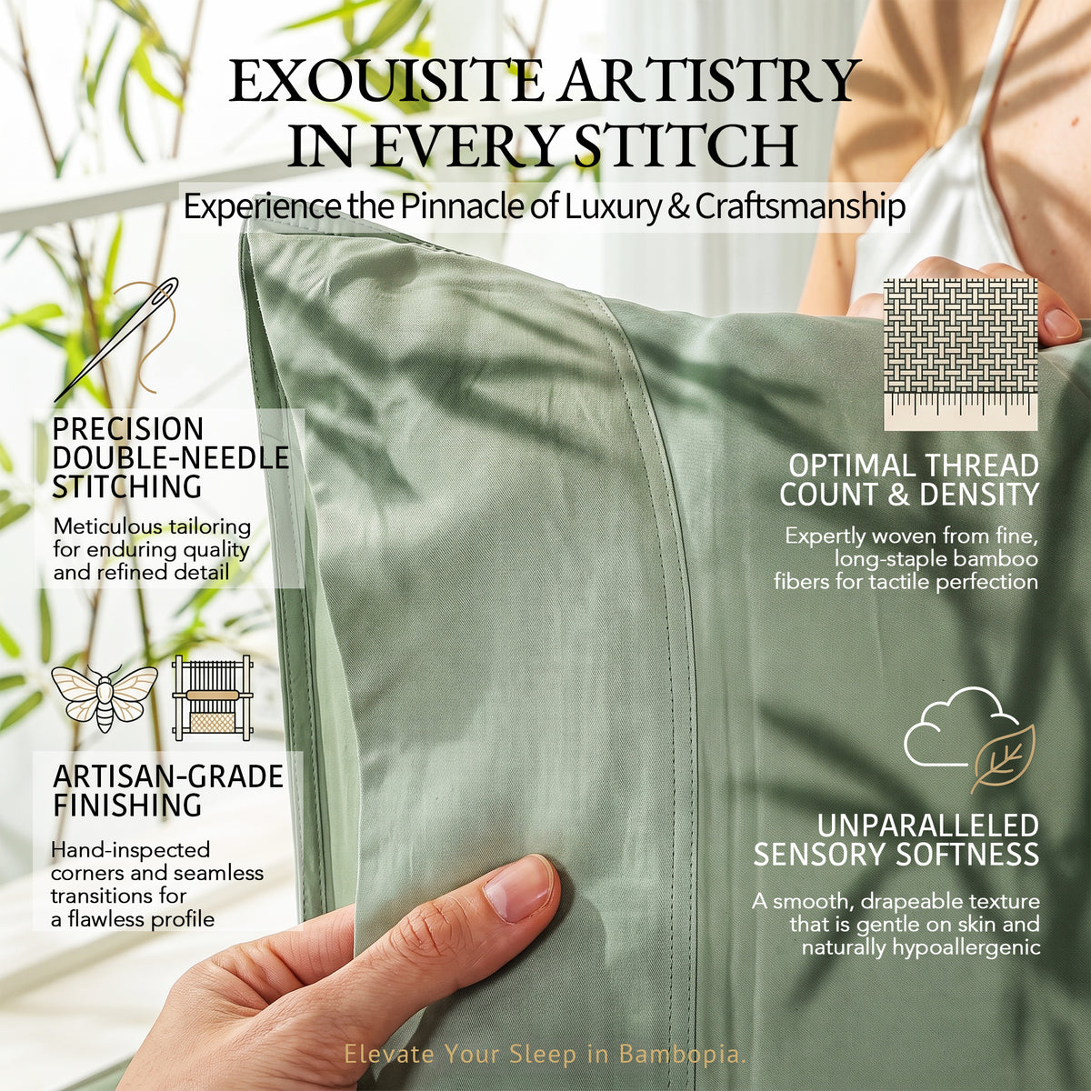 Bambopia 400TC 100% Viscose Derived from Bamboo Pillow Cases Set of 2 - 2 Pack Breathable & Cooling Pillowcases for Hot Sleepers, Pillow Covers with Envelope Closure, Sage Green