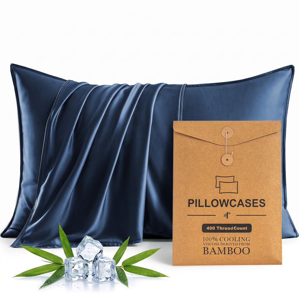Bambopia 400TC 100% Viscose Derived from Bamboo Pillow Cases Set of 2 - 2 Pack Breathable & Cooling Pillowcases for Hot Sleepers, Pillow Covers with Envelope Closure, Navy Blue
