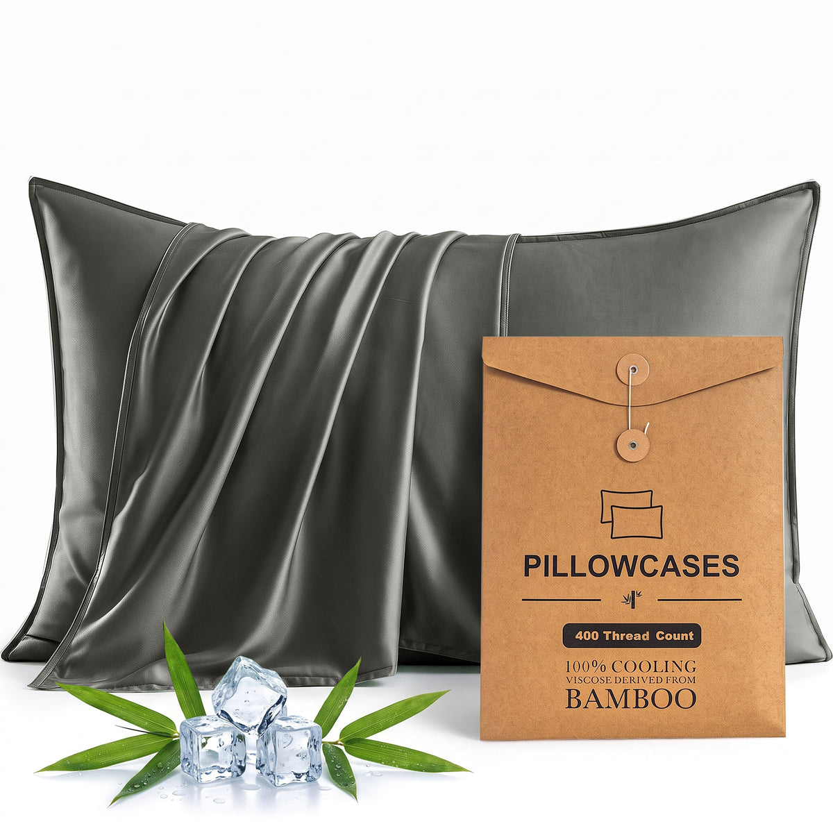 Bambopia 400TC 100% Viscose Derived from Bamboo Pillow Cases Set of 2 - 2 Pack Breathable & Cooling Pillowcases for Hot Sleepers, Pillow Covers with Envelope Closure, Dark Gray