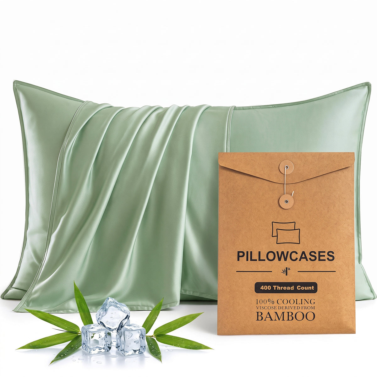 Bambopia 400TC 100% Viscose Derived from Bamboo Pillow Cases Set of 2 - 2 Pack Breathable & Cooling Pillowcases for Hot Sleepers, Pillow Covers with Envelope Closure, Sage Green