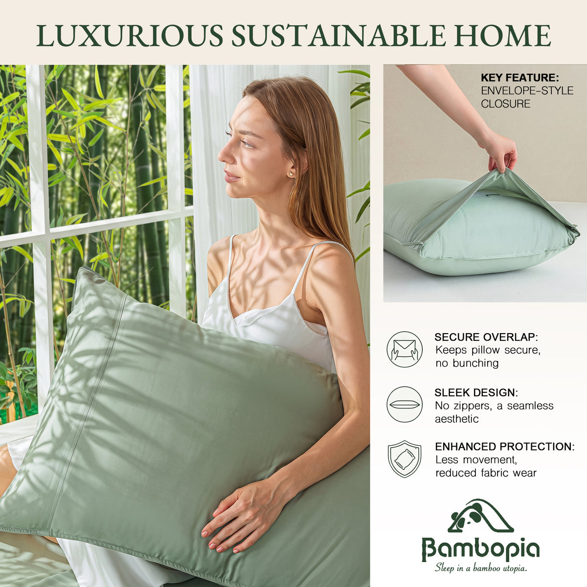 Bambopia 400TC 100% Viscose Derived from Bamboo Pillow Cases Set of 2 - 2 Pack Breathable & Cooling Pillowcases for Hot Sleepers, Pillow Covers with Envelope Closure, Sage Green