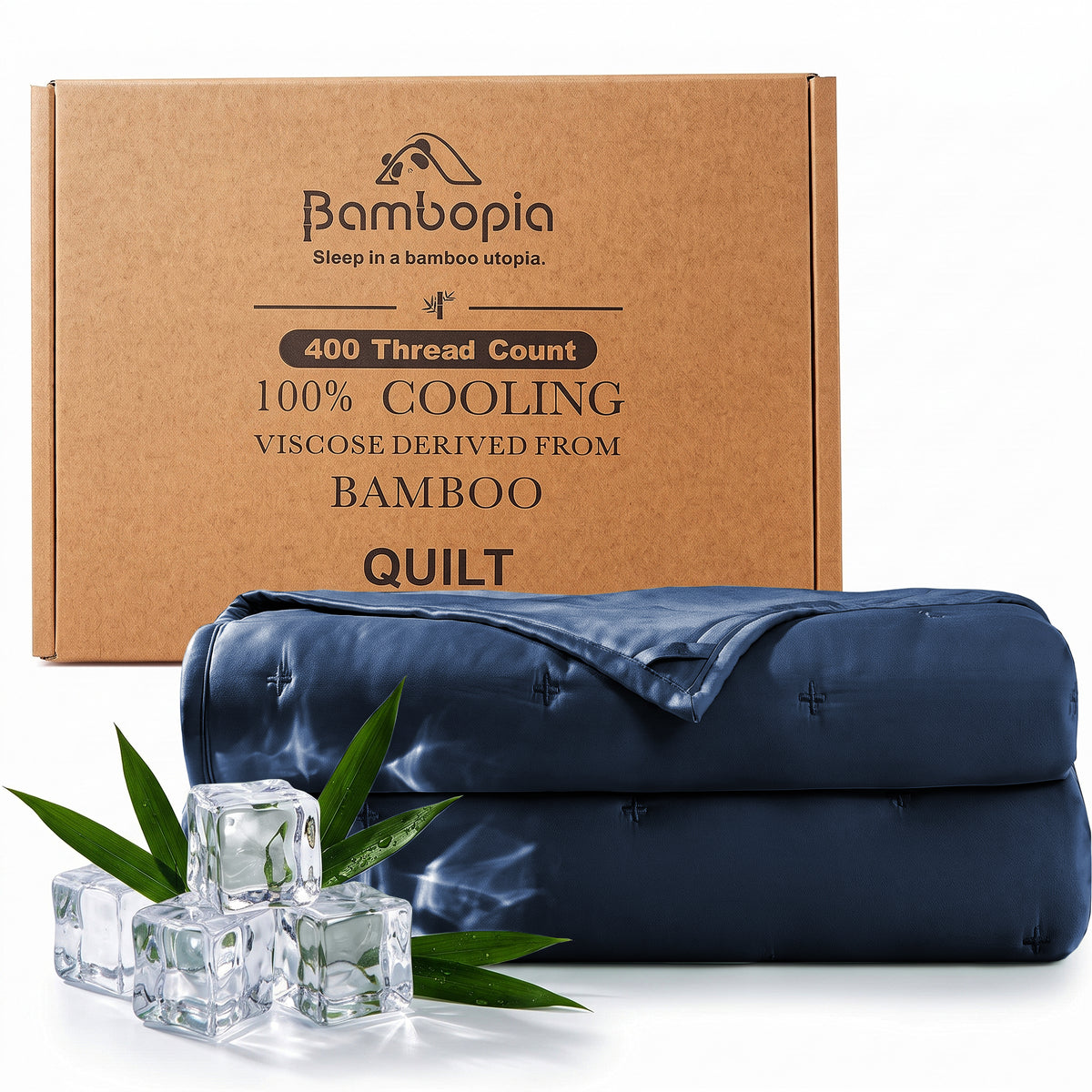 Bambopia Embroidered 100% Viscose Derived from Bamboo Quilt Only 400TC Bamboo Viscose Fabric + 150GSM Filling, Lightweight Blanket for Hot Sleepers, Breathable Cooling Comforter, Navy Blue