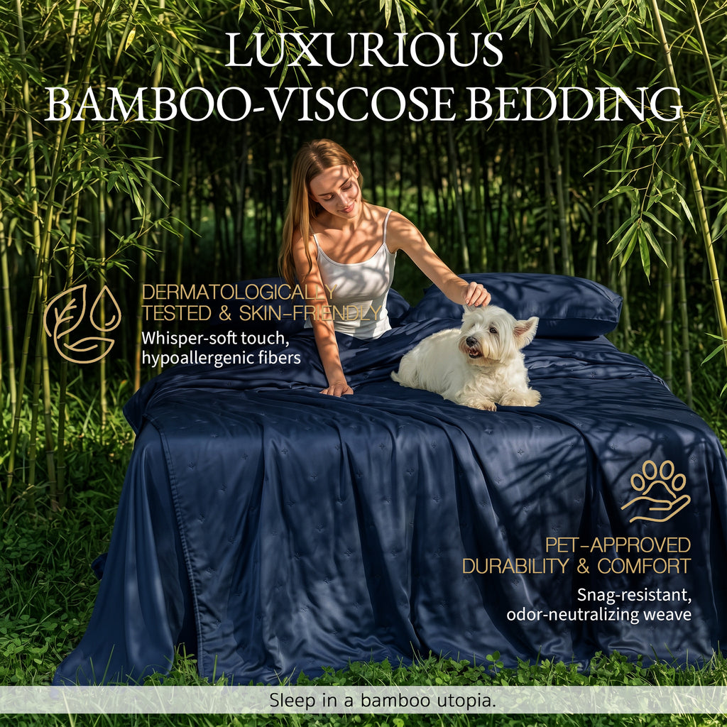 Bambopia Embroidered 100% Viscose Derived from Bamboo Quilt Only 400TC Bamboo Viscose Fabric + 150GSM Filling, Lightweight Blanket for Hot Sleepers, Breathable Cooling Comforter, Navy Blue