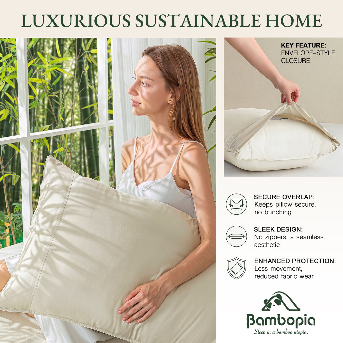Bambopia 400TC 100% Viscose Derived from Bamboo Pillow Cases Set of 2 - 2 Pack Breathable & Cooling Pillowcases for Hot Sleepers, Pillow Covers with Envelope Closure, Beige