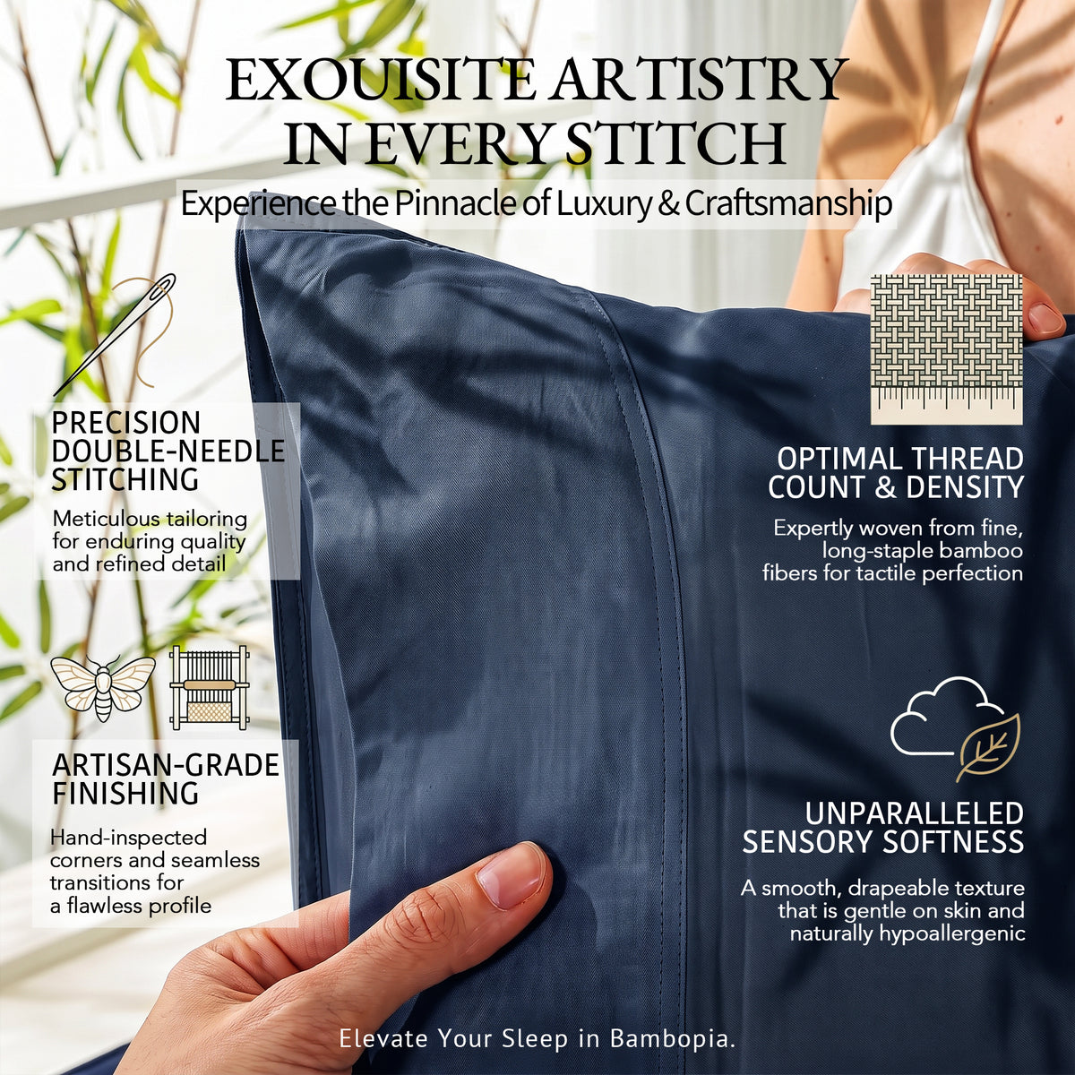 Bambopia 400TC 100% Viscose Derived from Bamboo Pillow Cases Set of 2 - 2 Pack Breathable & Cooling Pillowcases for Hot Sleepers, Pillow Covers with Envelope Closure, Navy Blue