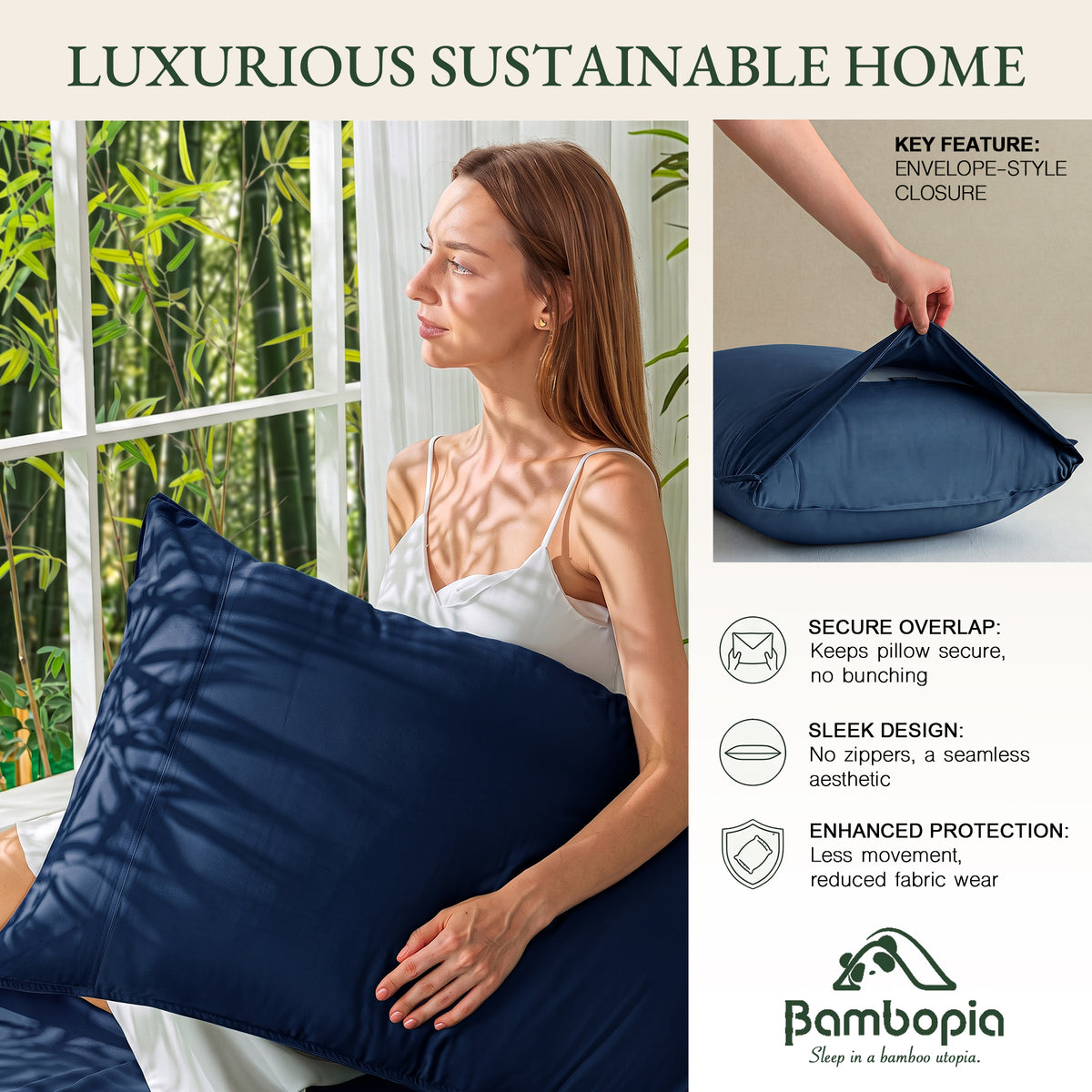 Bambopia 400TC 100% Viscose Derived from Bamboo Pillow Cases Set of 2 - 2 Pack Breathable & Cooling Pillowcases for Hot Sleepers, Pillow Covers with Envelope Closure, Navy Blue