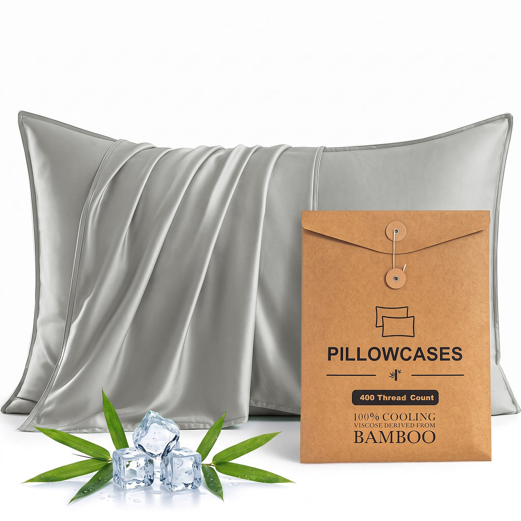 Bambopia 400TC 100% Viscose Derived from Bamboo Pillow Cases Set of 2 - 2 Pack Breathable & Cooling Pillowcases for Hot Sleepers, Pillow Covers with Envelope Closure, Light Gray