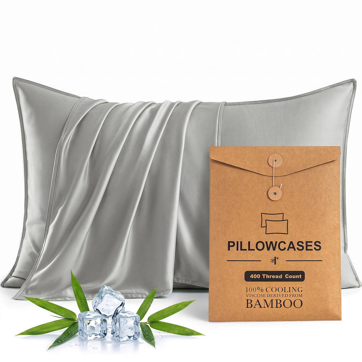 Bambopia 400TC 100% Viscose Derived from Bamboo Pillow Cases Set of 2 - 2 Pack Breathable & Cooling Pillowcases for Hot Sleepers, Pillow Covers with Envelope Closure, Light Gray