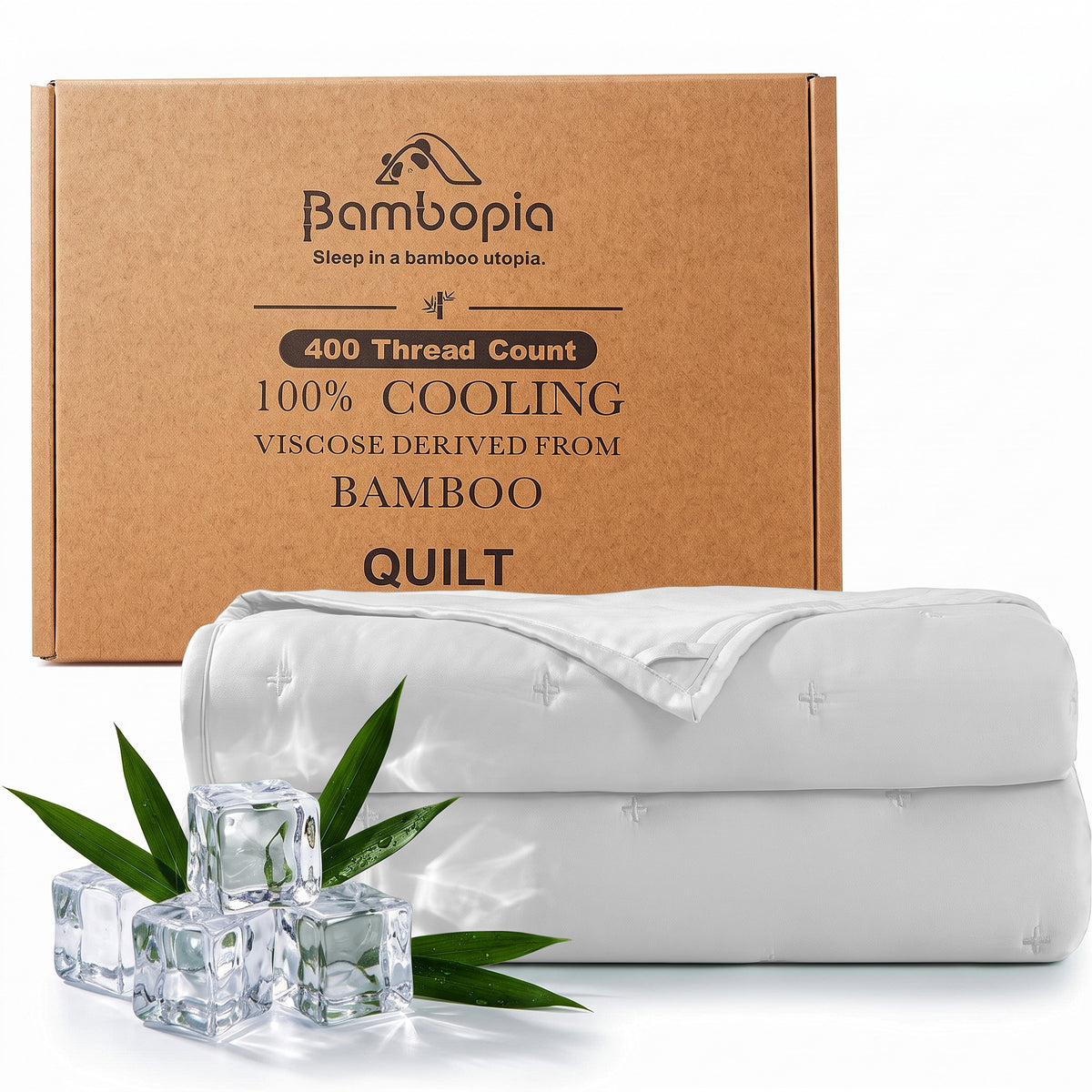Bambopia Embroidered 100% Viscose Derived from Bamboo Quilt Only 400TC Bamboo Viscose Fabric + 150GSM Filling, Lightweight Blanket for Hot Sleepers, Breathable Cooling Comforter, White