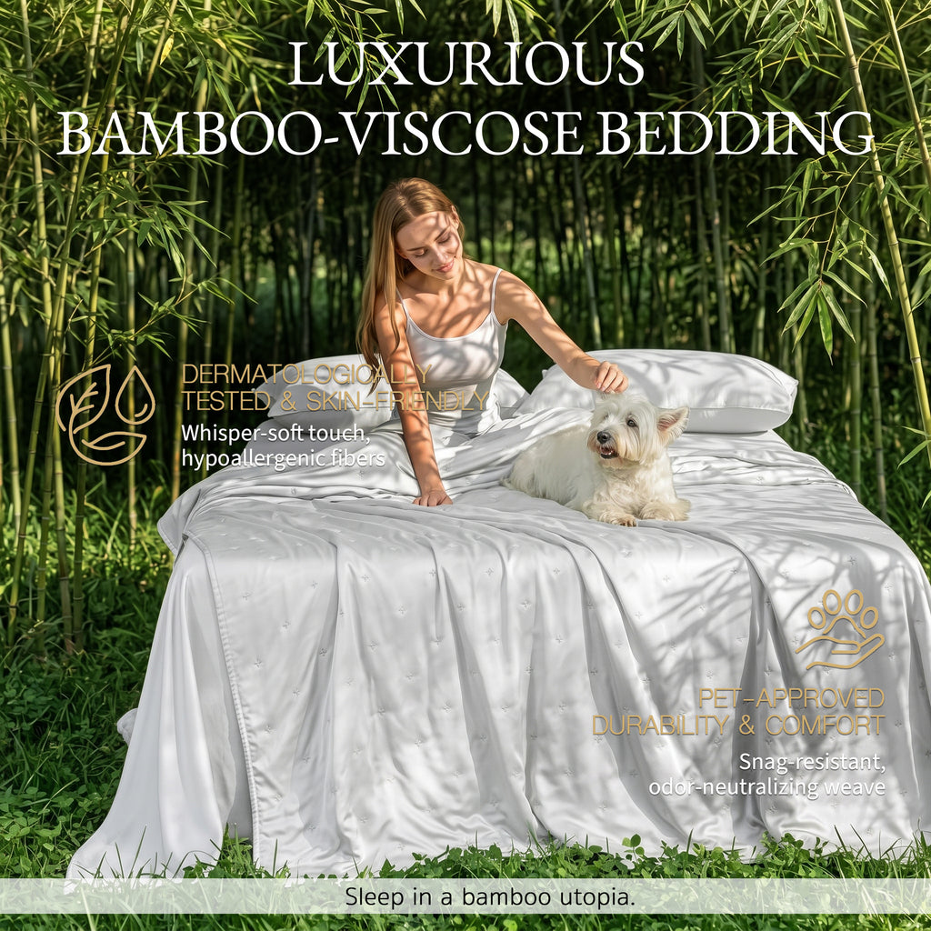 Bambopia Embroidered 100% Viscose Derived from Bamboo Quilt Only 400TC Bamboo Viscose Fabric + 150GSM Filling, Lightweight Blanket for Hot Sleepers, Breathable Cooling Comforter, White