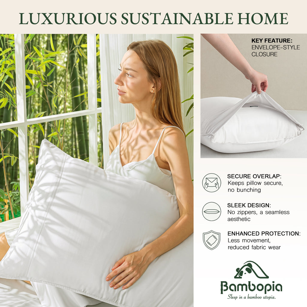 Bambopia 400TC 100% Viscose Derived from Bamboo Pillow Cases Set of 2 - 2 Pack Breathable & Cooling Pillowcases for Hot Sleepers, Pillow Covers with Envelope Closure, White