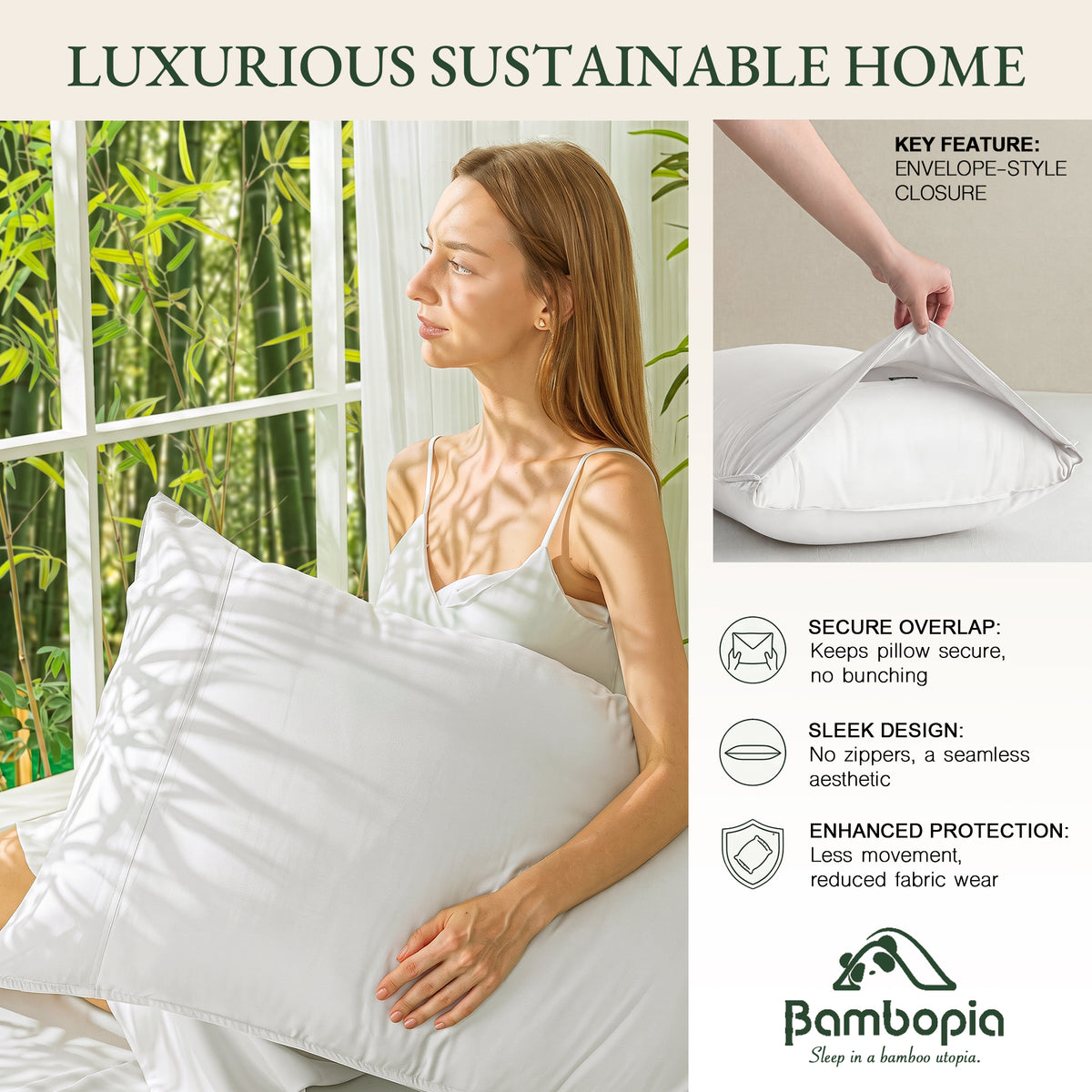 Bambopia 400TC 100% Viscose Derived from Bamboo Pillow Cases Set of 2 - 2 Pack Breathable & Cooling Pillowcases for Hot Sleepers, Pillow Covers with Envelope Closure, White