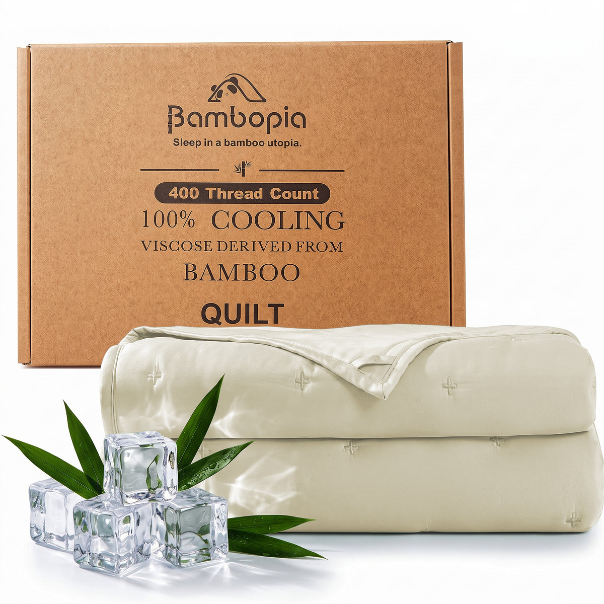 Bambopia Embroidered 100% Viscose Derived from Bamboo Quilt Only 400TC Bamboo Viscose Fabric + 150GSM Filling, Lightweight Blanket for Hot Sleepers, Breathable Cooling Comforter, Cream White