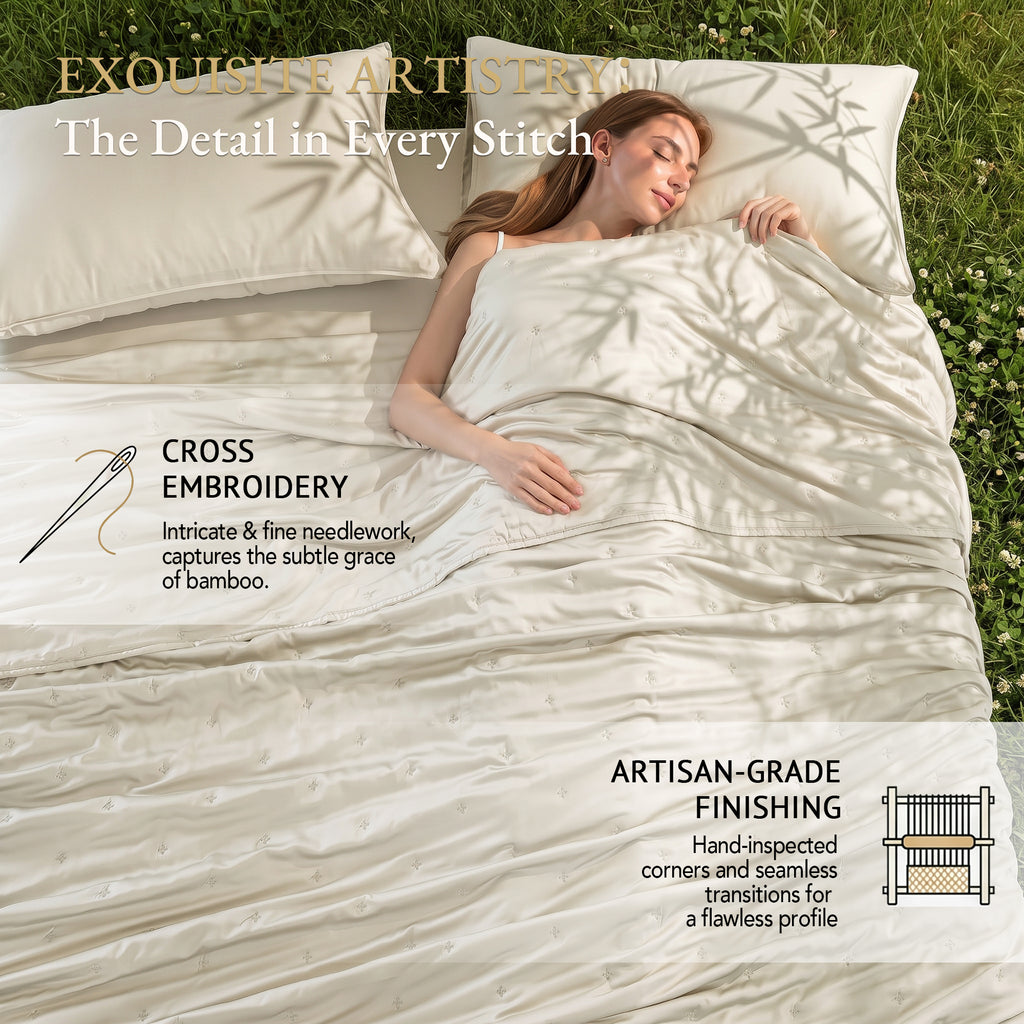 Bambopia Embroidered 100% Viscose Derived from Bamboo Quilt Only 400TC Bamboo Viscose Fabric + 150GSM Filling, Lightweight Blanket for Hot Sleepers, Breathable Cooling Comforter, Cream White