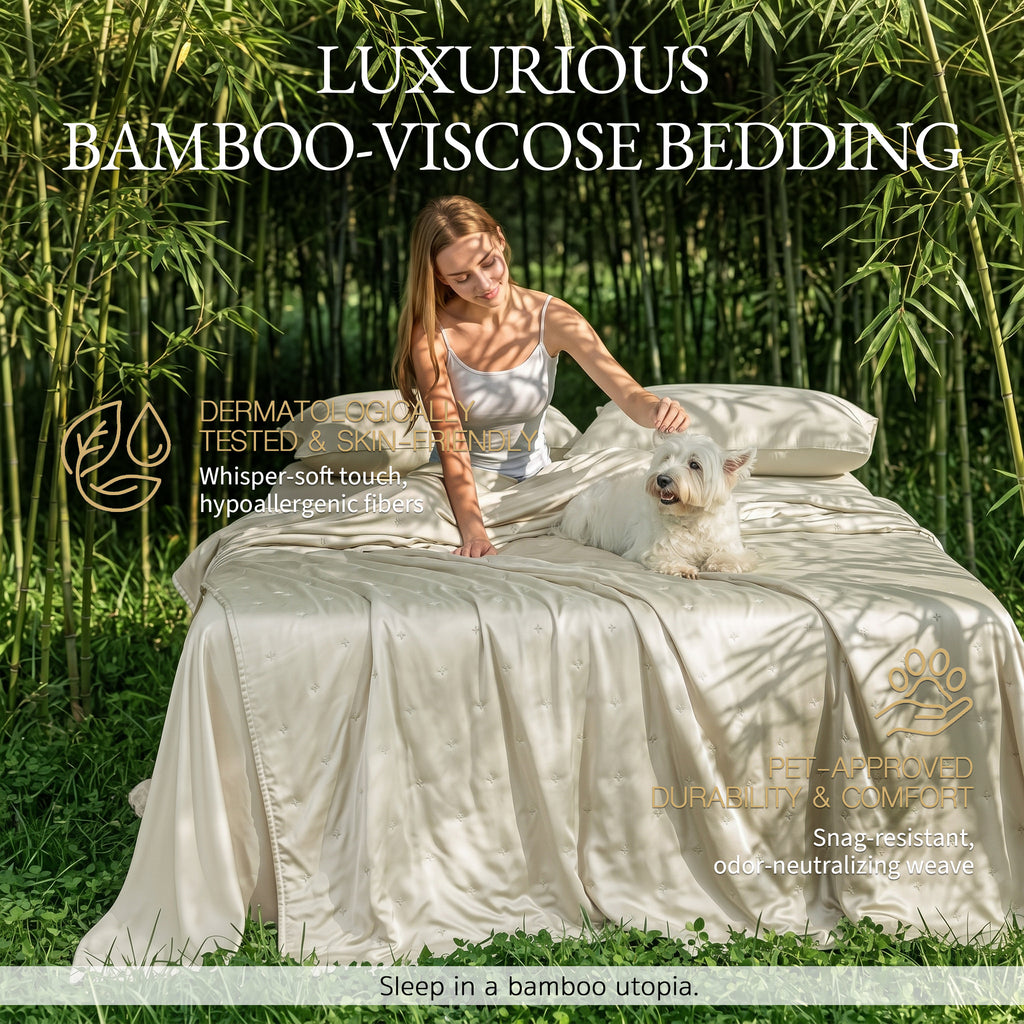 Bambopia Embroidered 100% Viscose Derived from Bamboo Quilt Only 400TC Bamboo Viscose Fabric + 150GSM Filling, Lightweight Blanket for Hot Sleepers, Breathable Cooling Comforter, Cream White