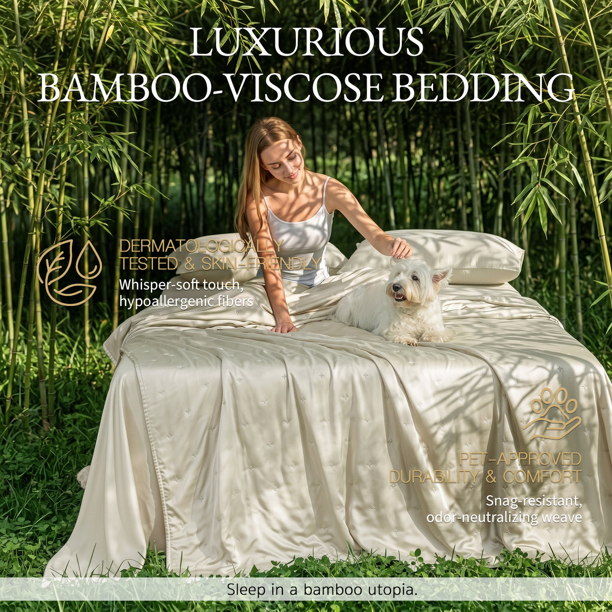 Bambopia Embroidered 100% Viscose Derived from Bamboo Quilt Only 400TC Bamboo Viscose Fabric + 150GSM Filling, Lightweight Blanket for Hot Sleepers, Breathable Cooling Comforter, Cream White