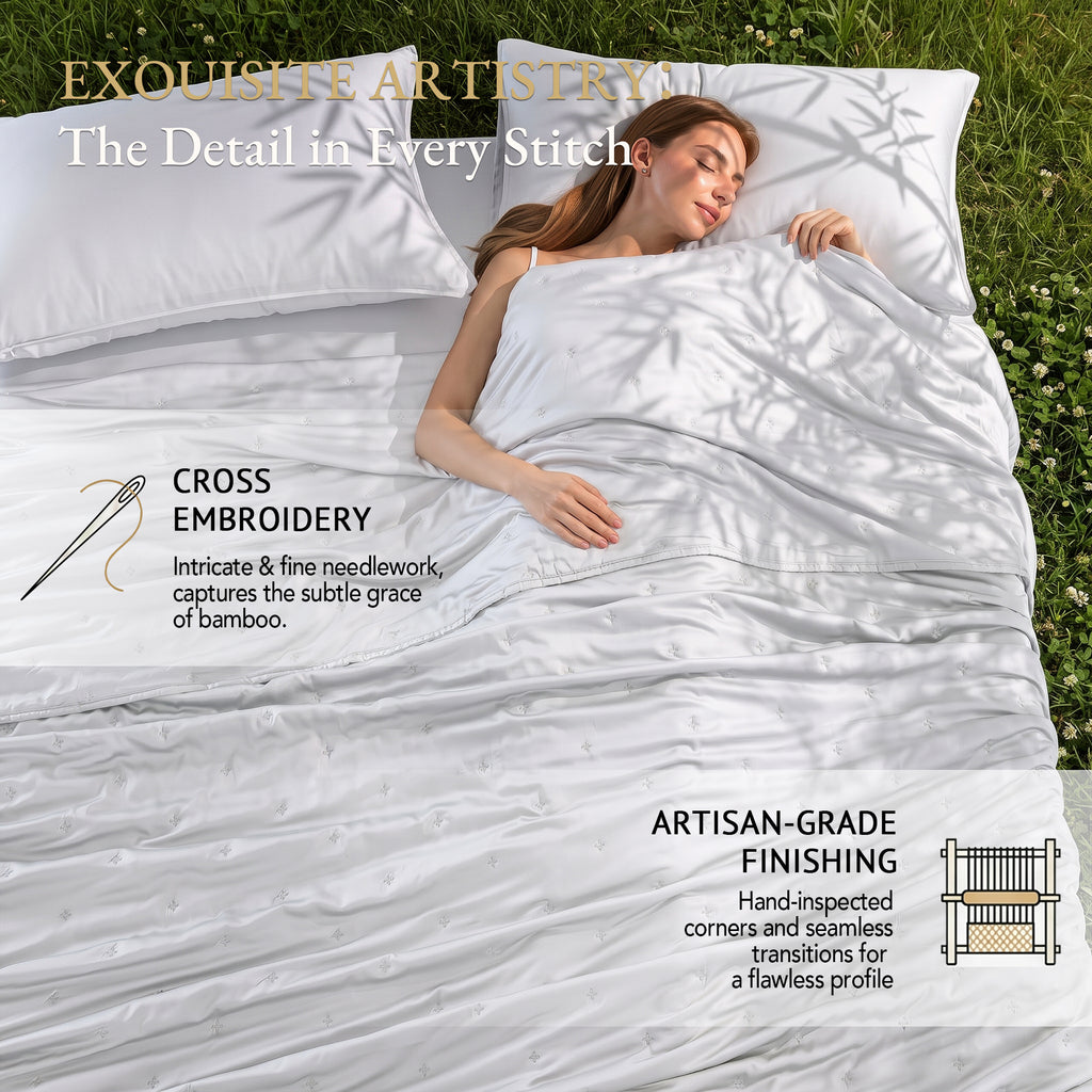 Bambopia Embroidered 100% Viscose Derived from Bamboo Quilt Only 400TC Bamboo Viscose Fabric + 150GSM Filling, Lightweight Blanket for Hot Sleepers, Breathable Cooling Comforter, White