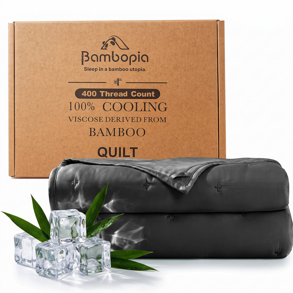 Bambopia Embroidered 100% Viscose Derived from Bamboo Quilt Only 400TC Bamboo Viscose Fabric + 150GSM Filling, Lightweight Blanket for Hot Sleepers, Breathable Cooling Comforter, Dark Gray