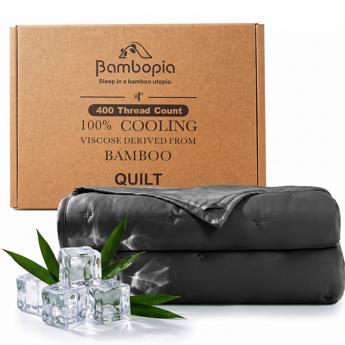 Bambopia Embroidered 100% Viscose Derived from Bamboo Quilt Only 400TC Bamboo Viscose Fabric + 150GSM Filling, Lightweight Blanket for Hot Sleepers, Breathable Cooling Comforter, Dark Gray